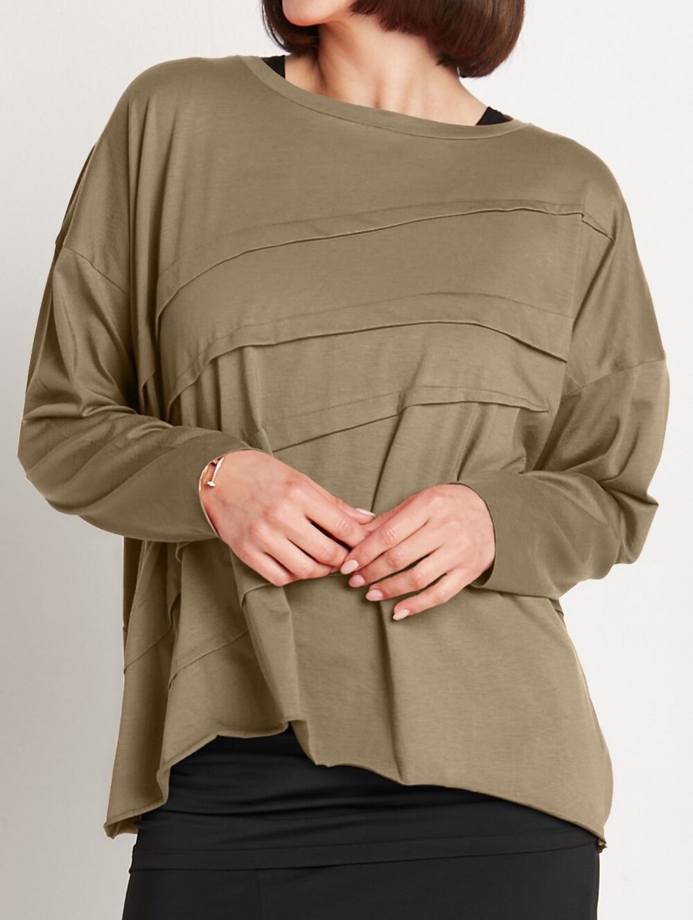 PLANET by Lauren G 100% Pima Cotton Tucked Luxury Boxy Tee Brown Long Slvs OSFM